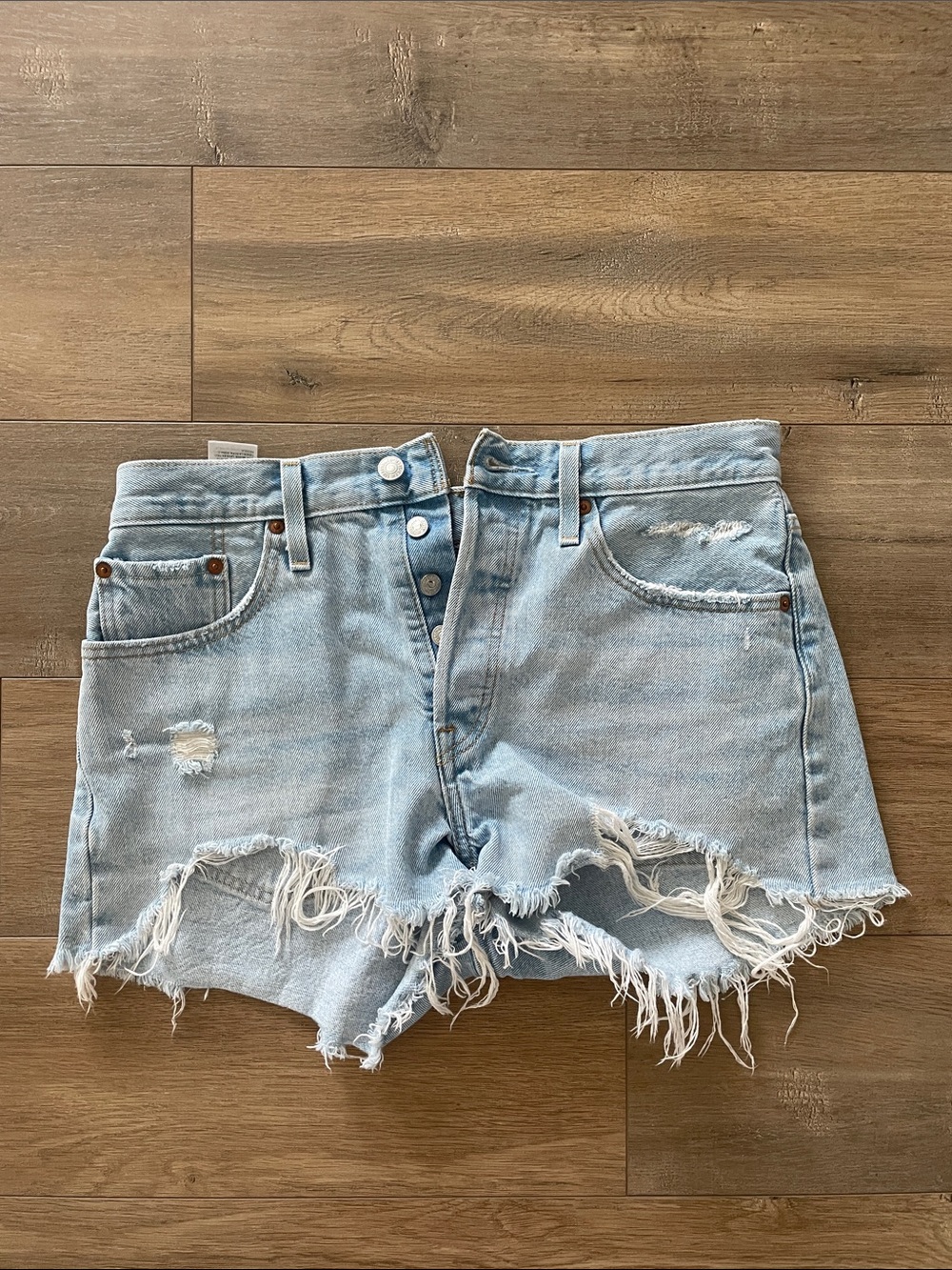 Levi's Light Blue Distressed High-Rise Jean Shorts